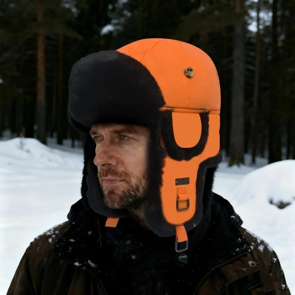Unisex Orange Taslon Faux Fur Aviator Ski Trooper Pilot Ear Flaps Hat